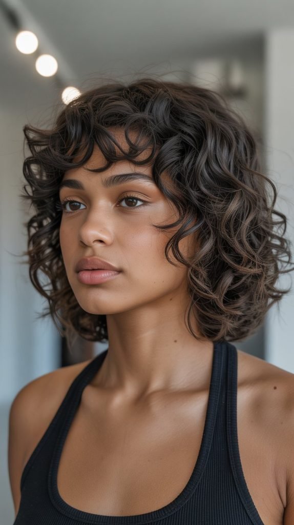 16. Curly Long Bob with Side-Part Curtain Bangs