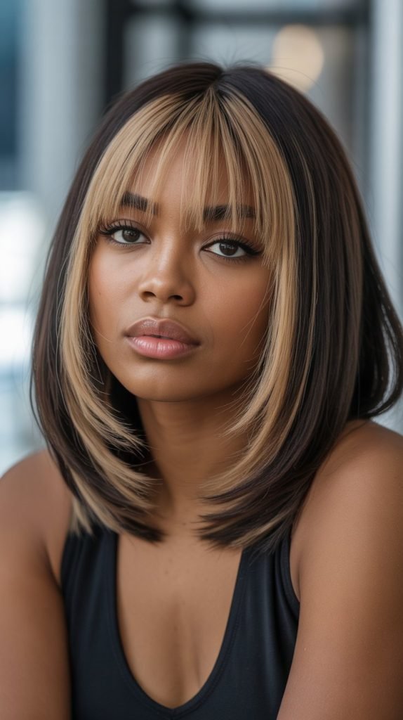 20. Long Bob with Curtain Bangs and Money Pieces