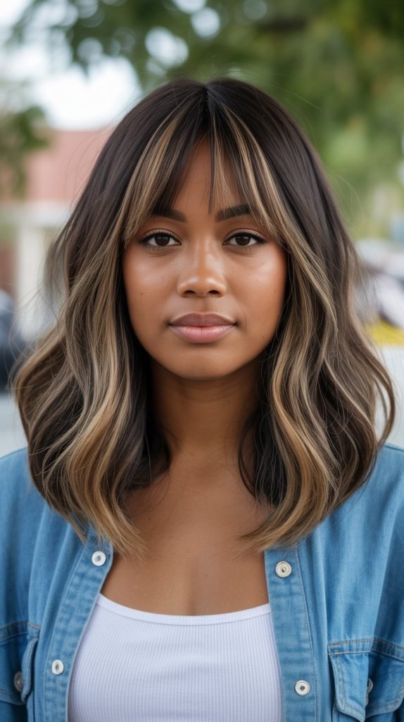 22. Long Bob with Curtain Bangs and Balayage