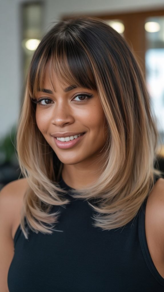 15. Long Bob with Curtain Bangs and Ombré Color
