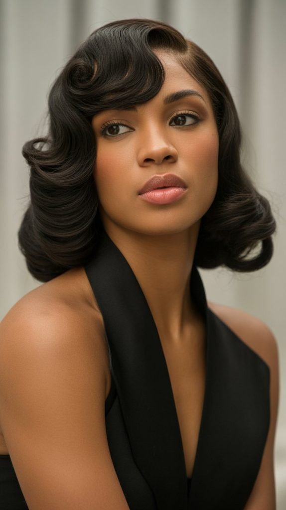 27. Long Bob with Curtain Bangs Styled with Finger Waves