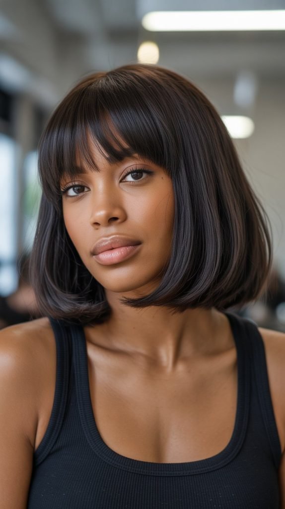 35. Long Bob with Curtain Bangs and Silk Press Finish