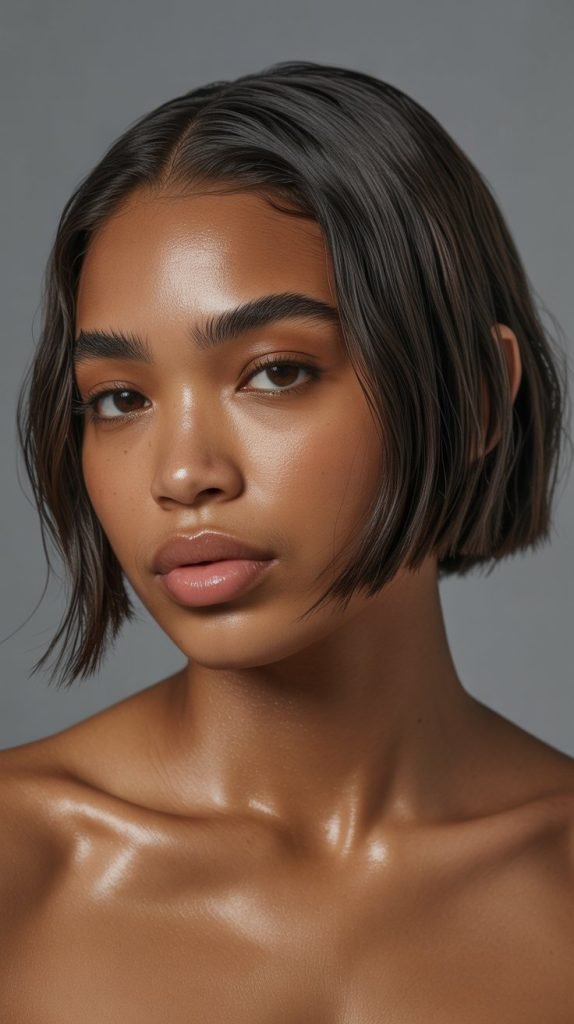 13. Slicked-Back Long Bob with Curtain Bangs