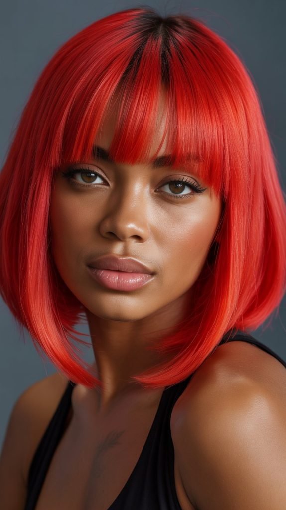 31. Long Bob with Curtain Bangs and Red Color