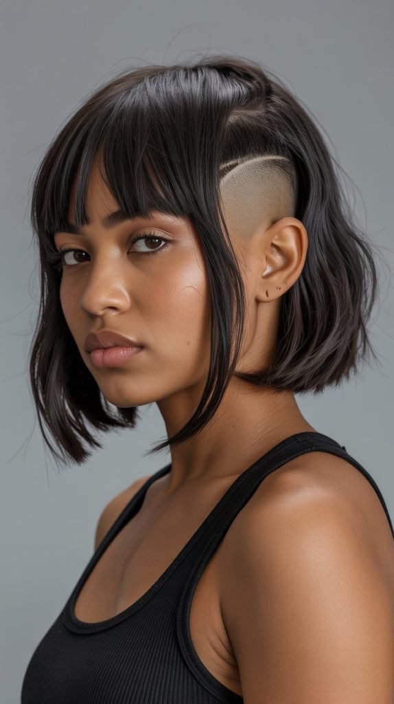 25. Long Bob with Curtain Bangs and Undercut Design