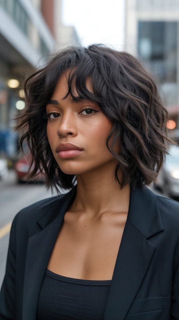 9. Choppy Long Bob with Textured Curtain Bangs