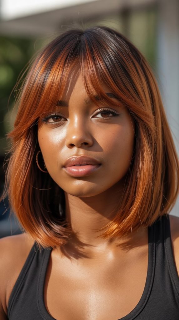 23. Long Bob with Curtain Bangs and Copper Highlights