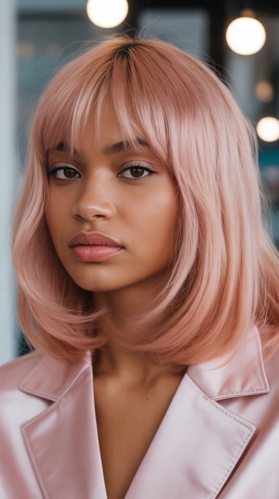 26. Long Bob with Curtain Bangs and Rose Gold Tones