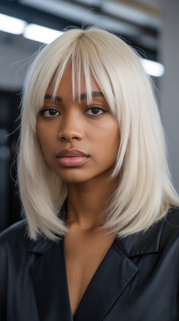 21. Long Bob with Curtain Bangs and Platinum Blonde Color