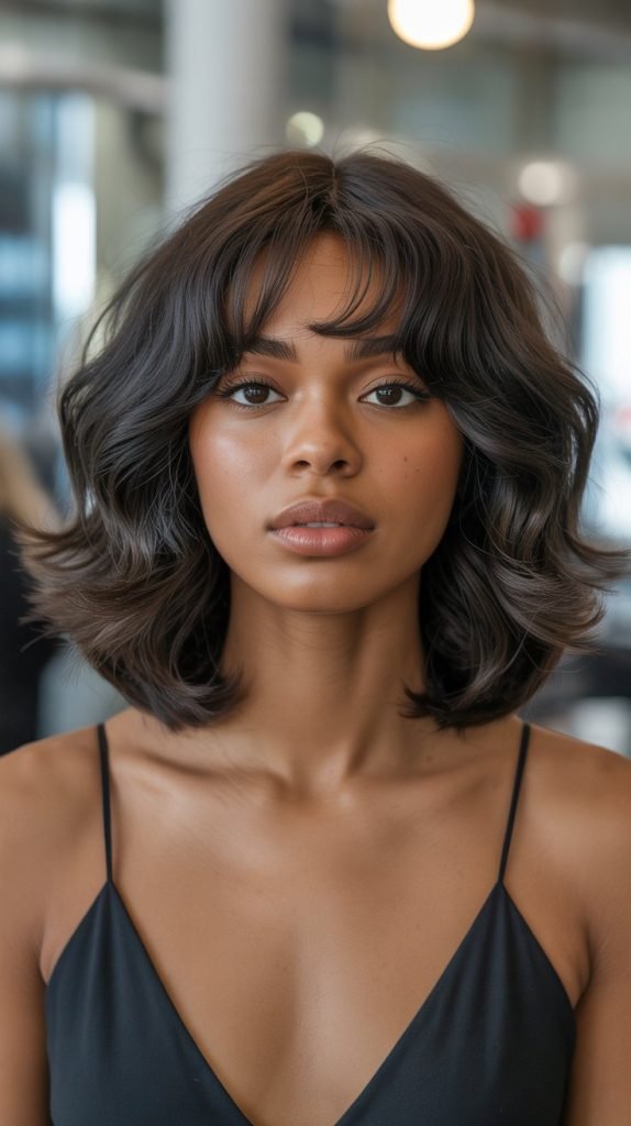 12. Long Bob with Curtain Bangs and Root Volume