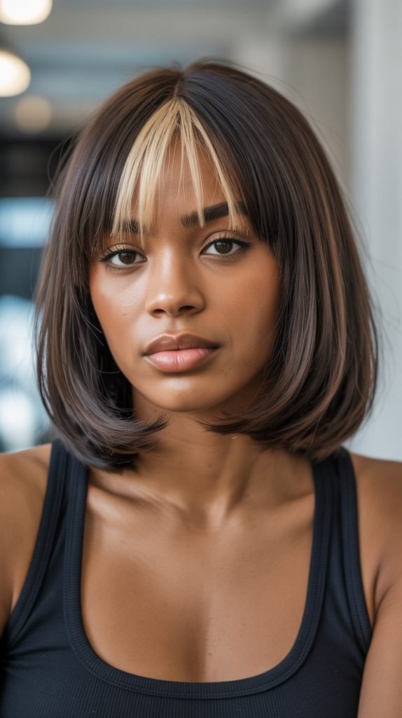 . Long Bob with Curtain Bangs and Money Pieces