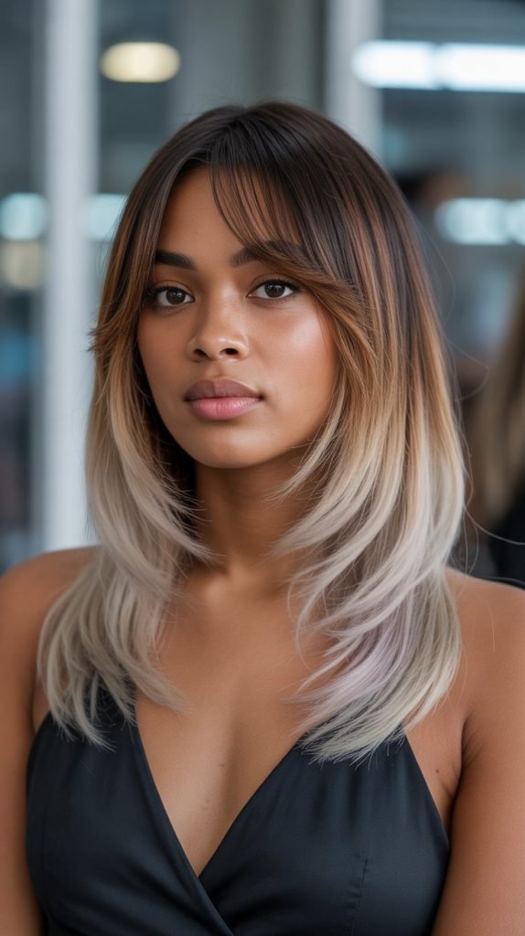 28. Long Bob with Curtain Bangs and Ombre Color Transition