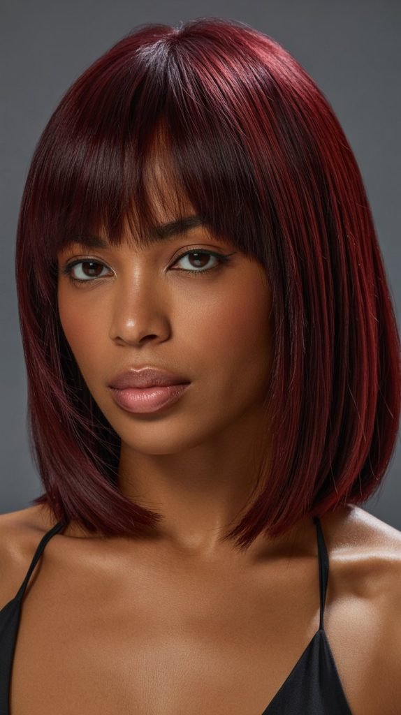 21. Long Bob with Curtain Bangs and Burgundy Color