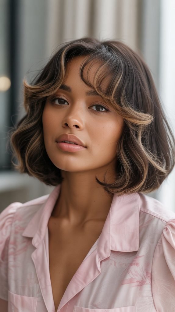 Romantic Long Bob with Soft Curtain Bangs
