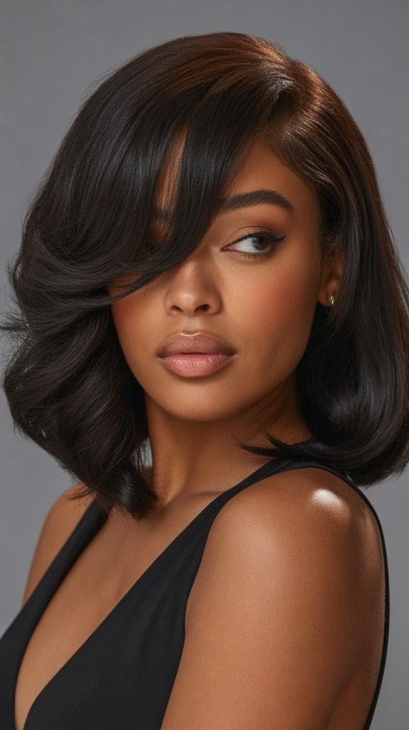 11. Long Bob with Curtain Bangs and Loose Curls