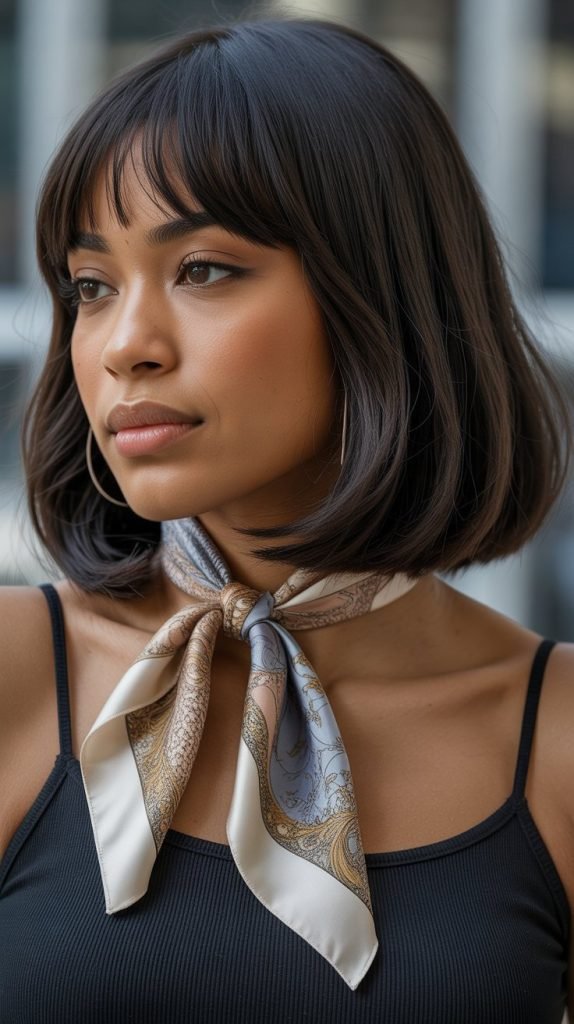 36. Long Bob with Curtain Bangs and Ribbon or Scarf Accessory