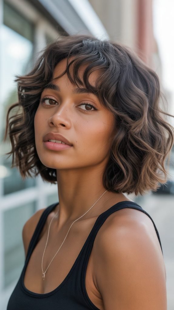2. Textured Wave Long Bob with Feathered Curtain Bangs
