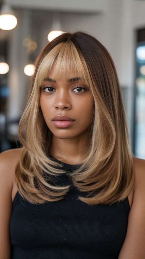 7. Long Bob with Curtain Bangs and Honey Blonde Highlights