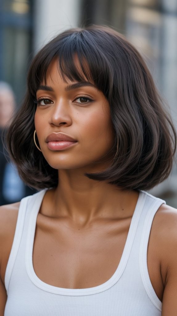 27. Long Bob with Curtain Bangs for Round Faces