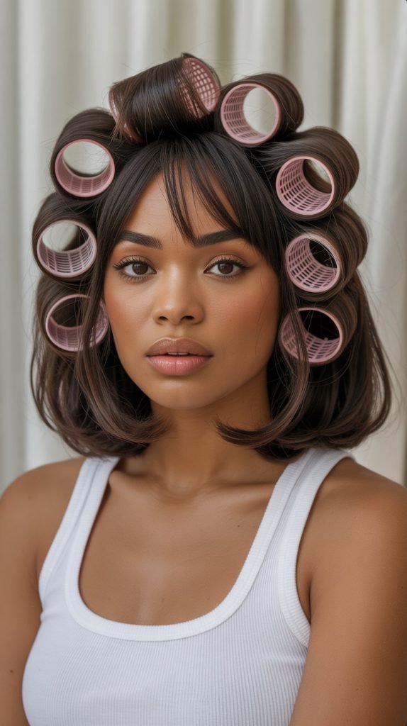 29. Long Bob with Voluminous Curtain Bangs Using Velcro Rollers