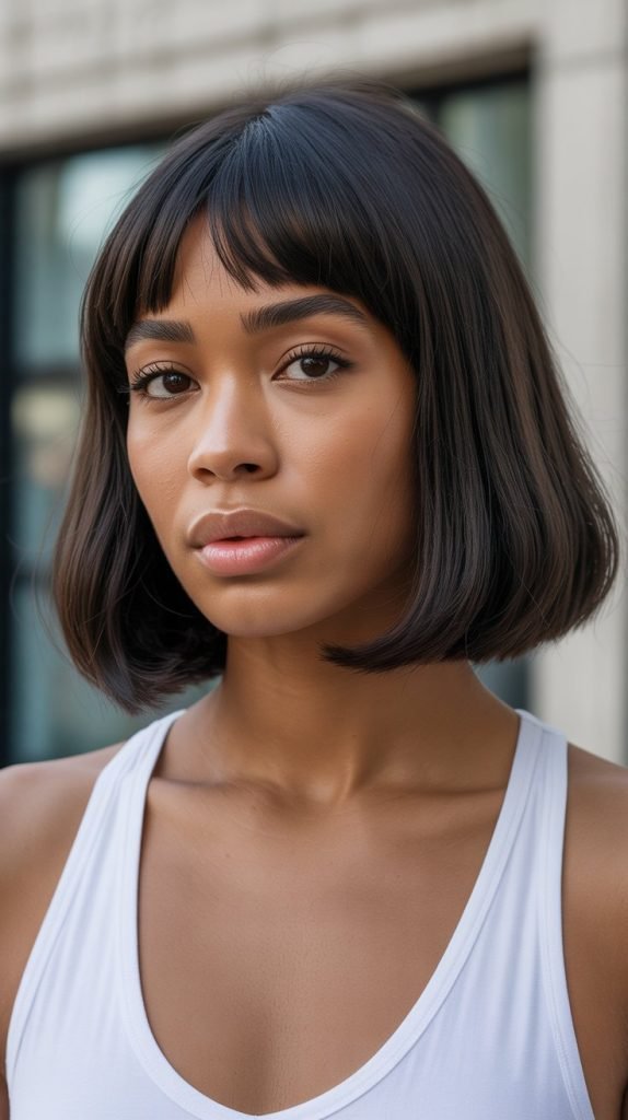 29. Long Bob with Curtain Bangs for Heart-Shaped Faces