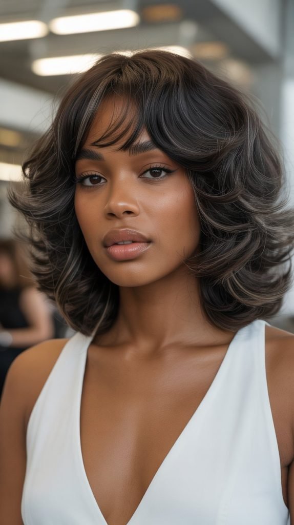 Voluminous Long Bob with Feathered Curtain Bangs