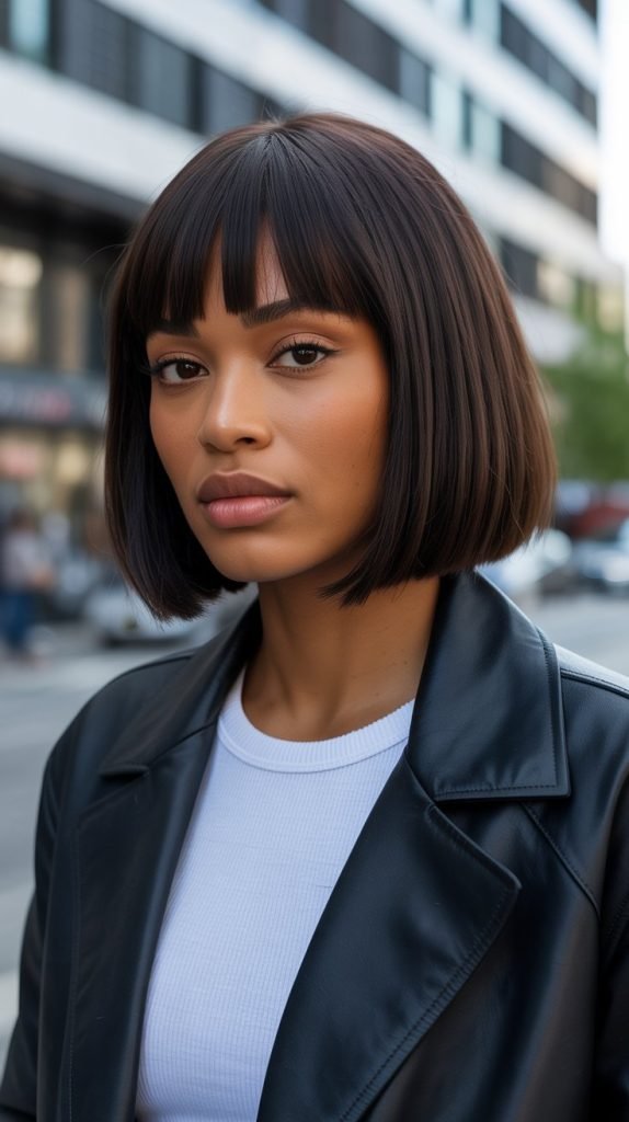 3. Blunt Cut Long Bob with Thick Curtain Bangs