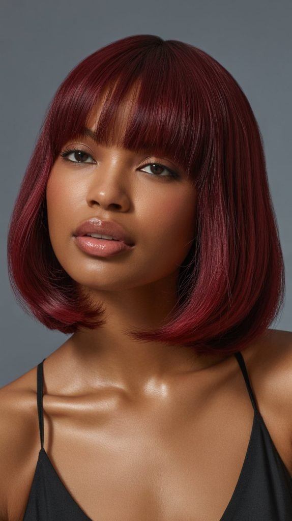19. Long Bob with Curtain Bangs and Burgundy Tint