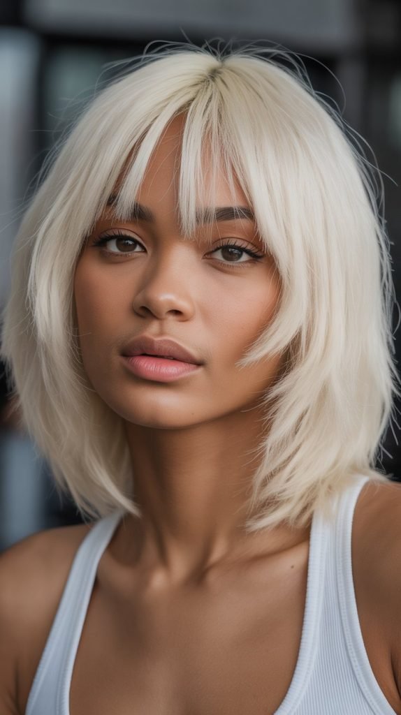 17. Long Bob with Curtain Bangs and Platinum Blonde Color