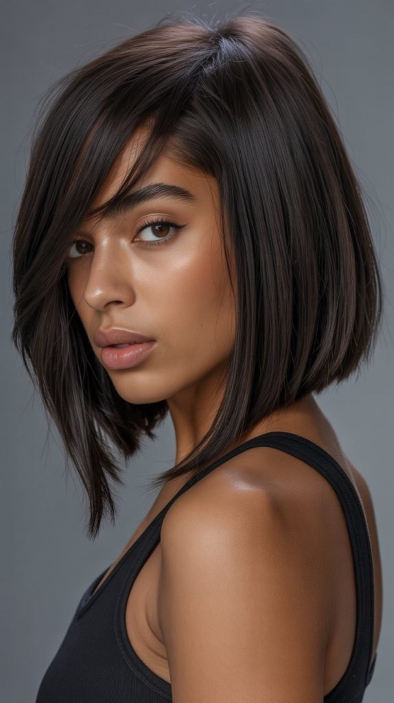 5. Asymmetrical Long Bob with Side-Swept Curtain Bangs