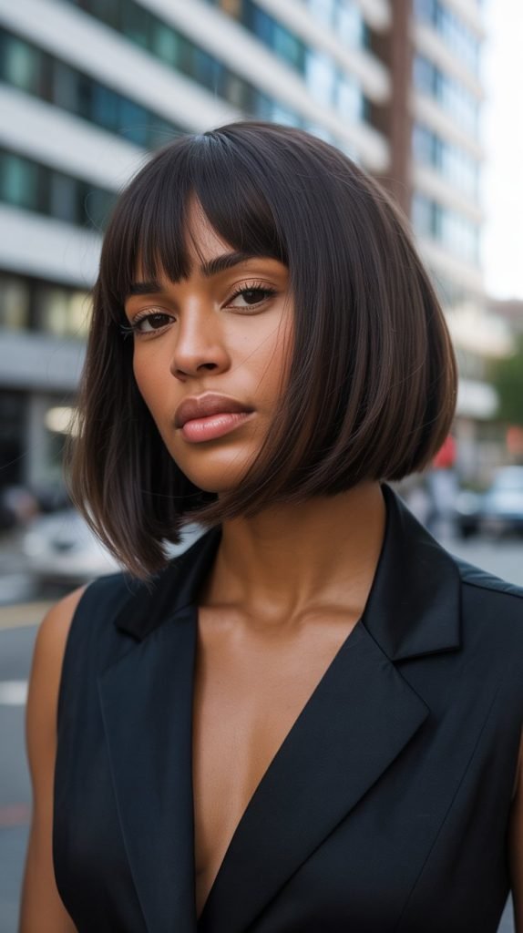 Asymmetrical Long Bob with Graduated Curtain Bangs