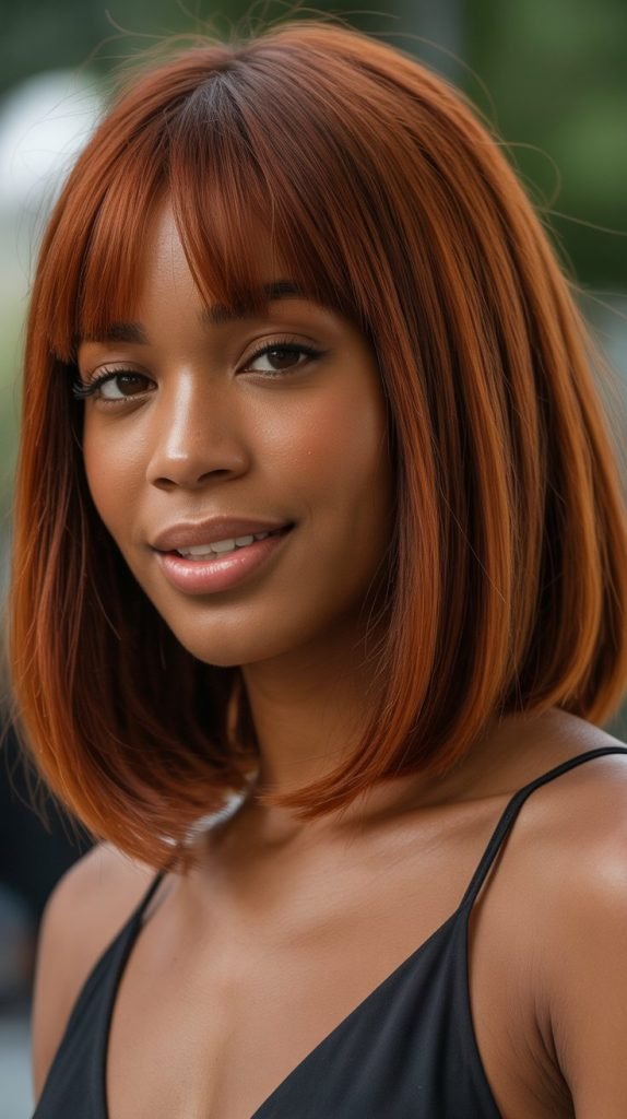18. Long Bob with Curtain Bangs and Auburn Color