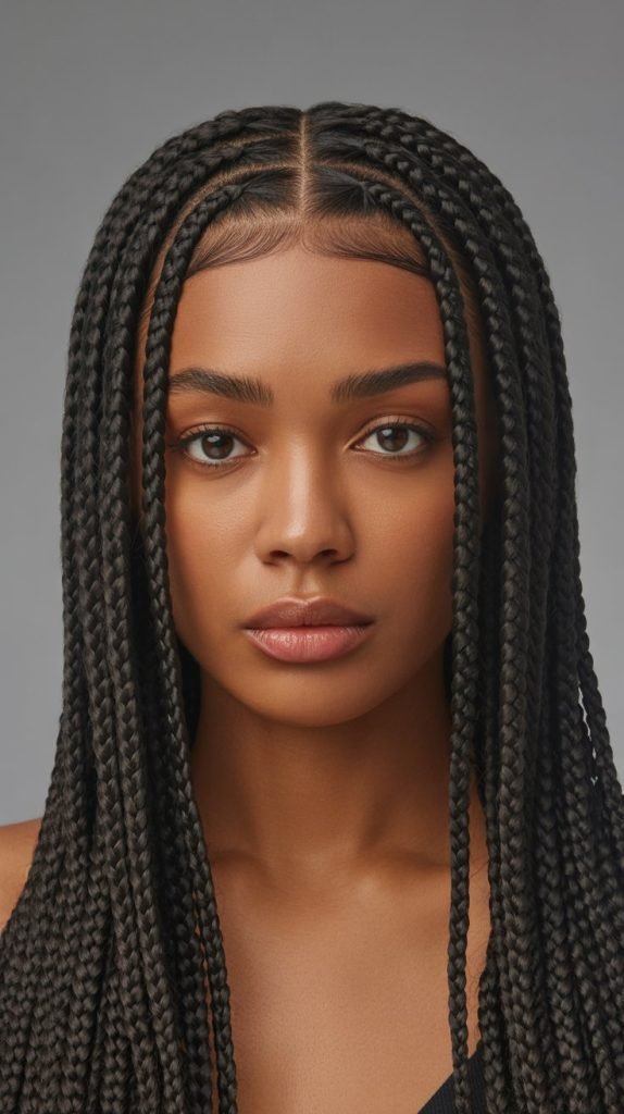 Side Part Knotless Braids with Middle Part Combination