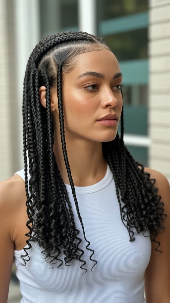 Side Part Knotless Braids with Curly Ends