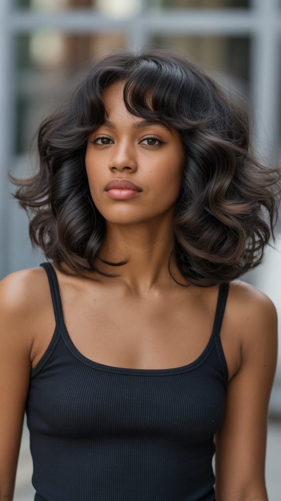 Long Bob with Curtain Bangs for Thick Hair