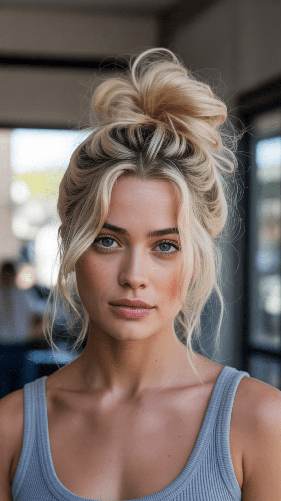 Messy Top Knot with Face-Framing Pieces