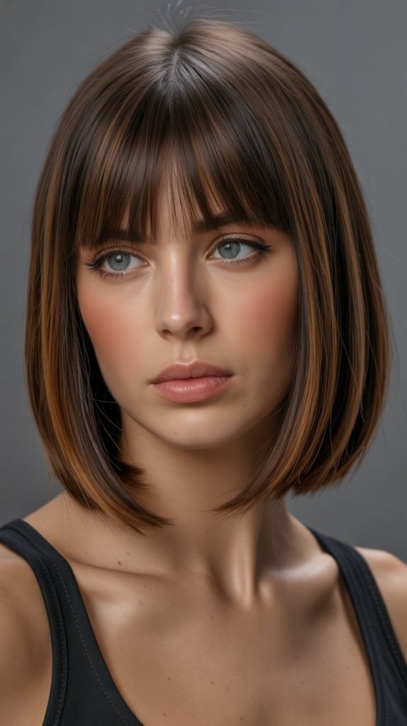 4. Blunt Long Bob with Thick Full Curtain Bangs