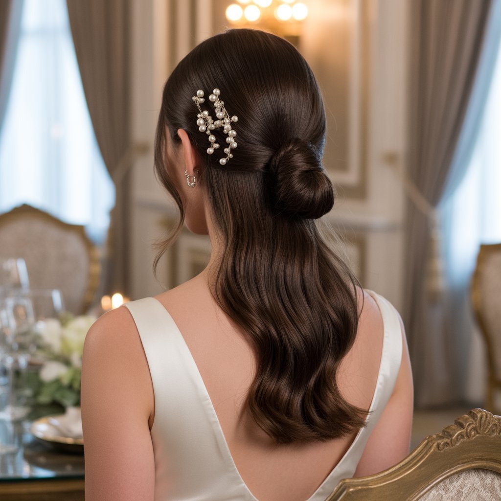 . Elegant Low Knot with Cascading Hair