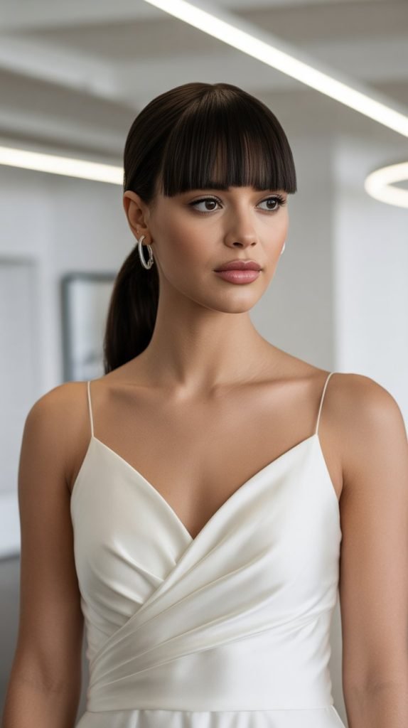 32. Sleek Wrapped Ponytail with Straight Fringe