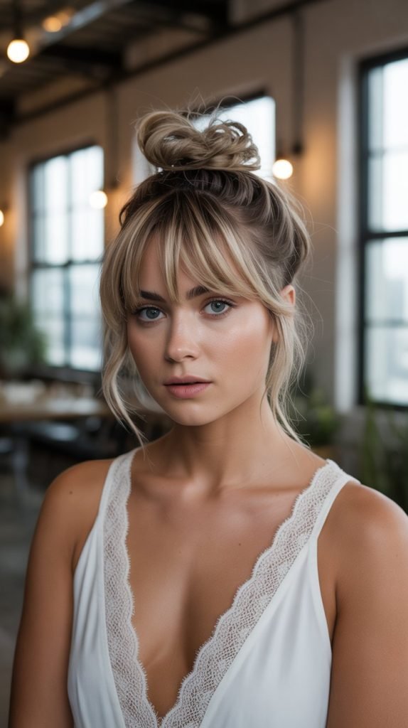 12. Textured Top Knot with Choppy Bangs