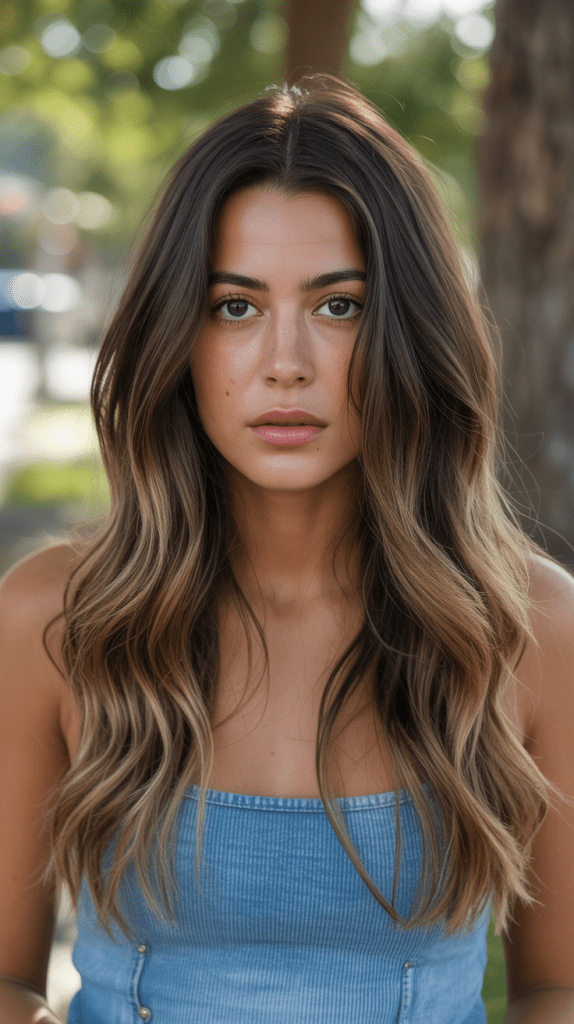 Natural Brunette with Sun-Kissed Ends