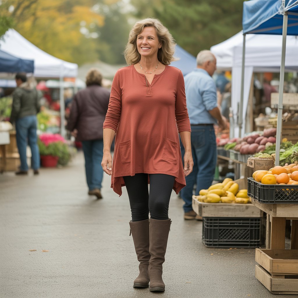 9. Tunic Top with Leggings and Tall Boots