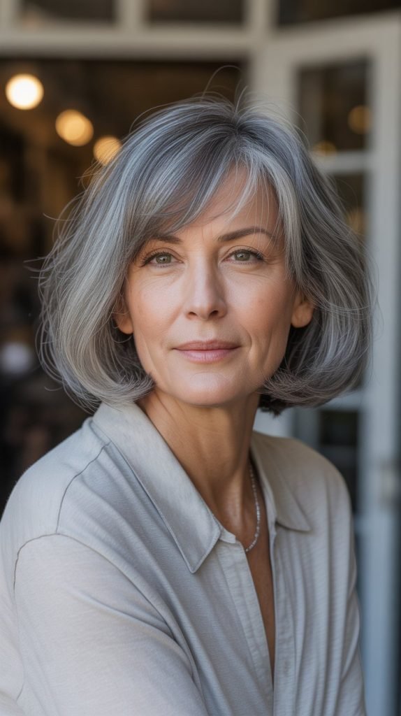 Long Bob with Curtain Bangs and Silver Gray Color