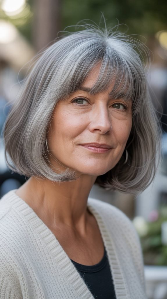  Natural Gray Lob with Curtain Bangs