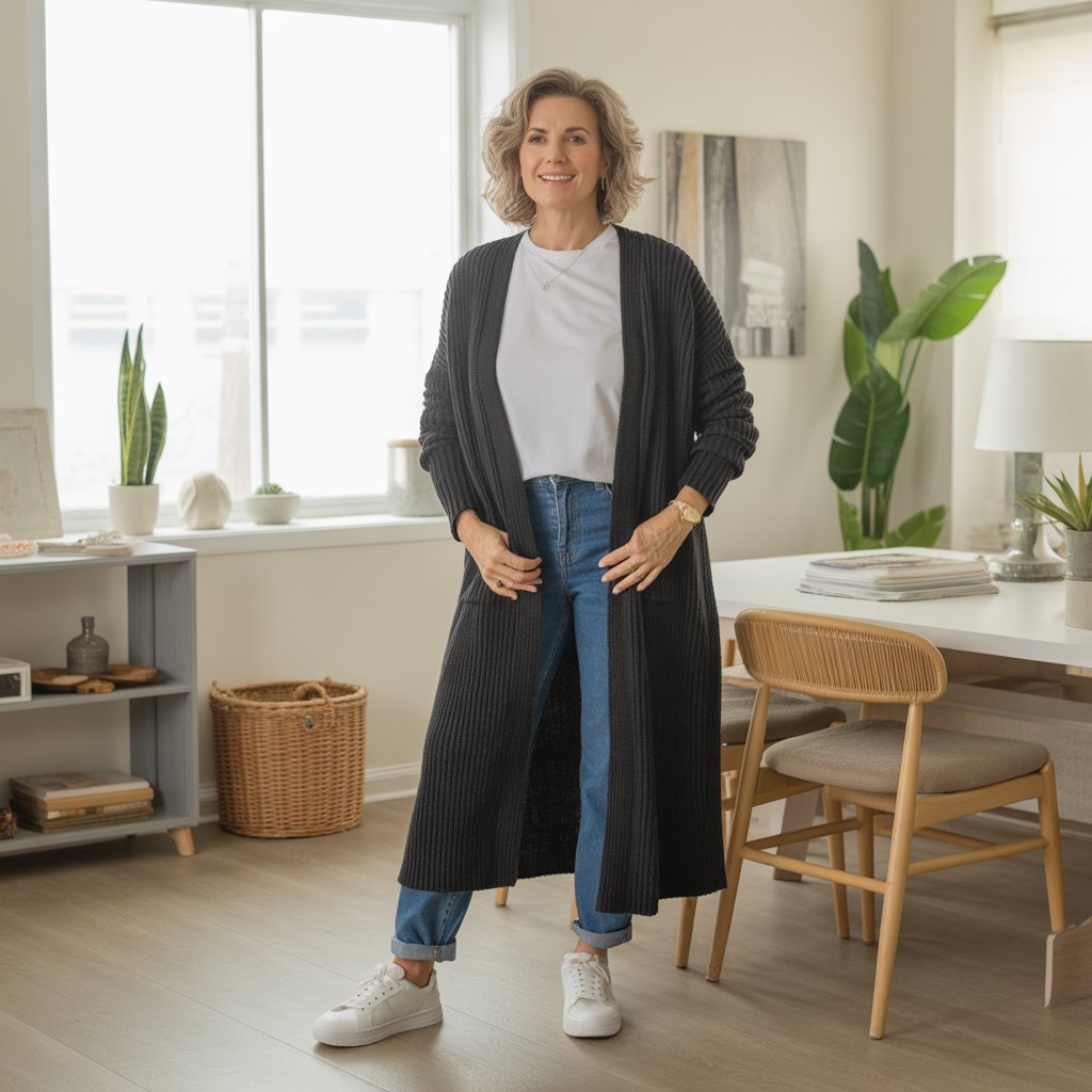 3. Longline Cardigan over Simple Tee and Jeans