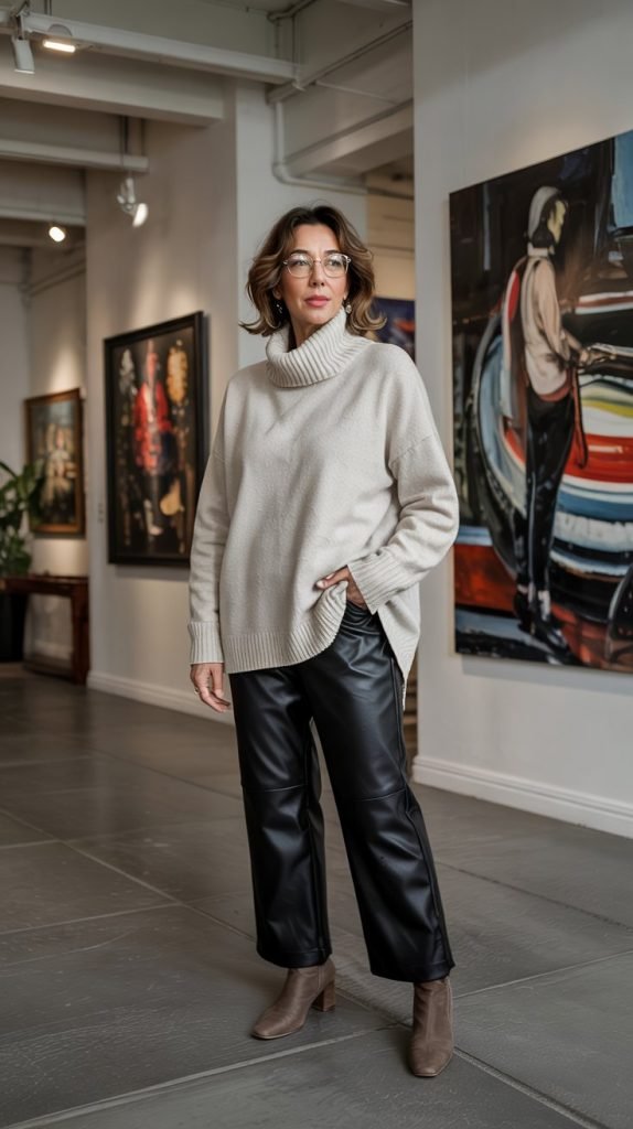 Turtleneck Sweater with Leather Pants