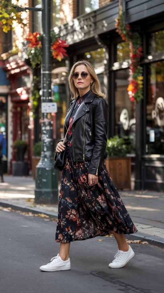 Leather Jacket with Midi Skirt and Sneakers