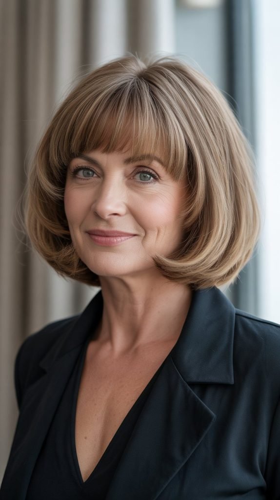 9. Rounded Long Bob with Arched Bangs