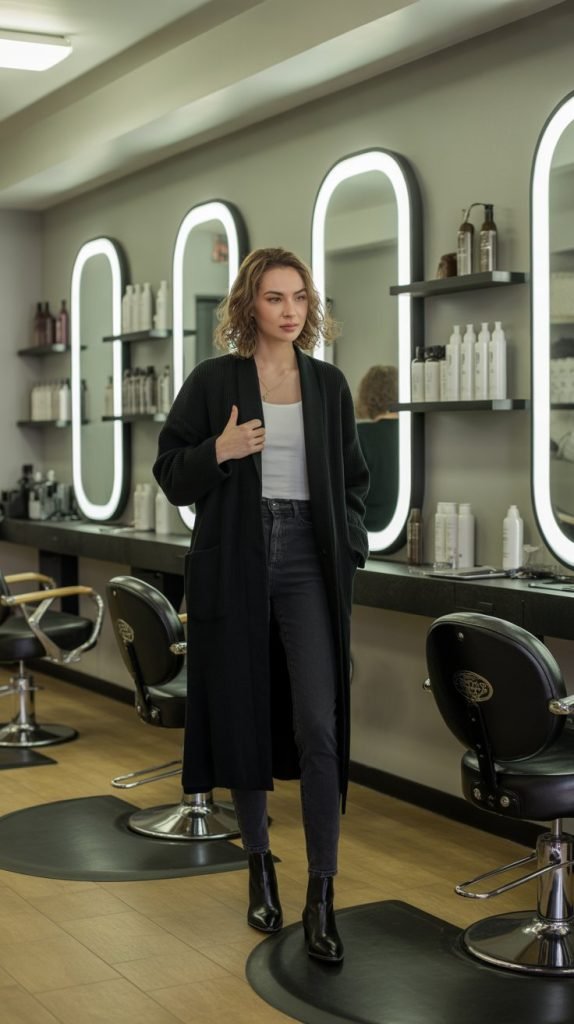 Black Cardigan Coat with Slim Pants