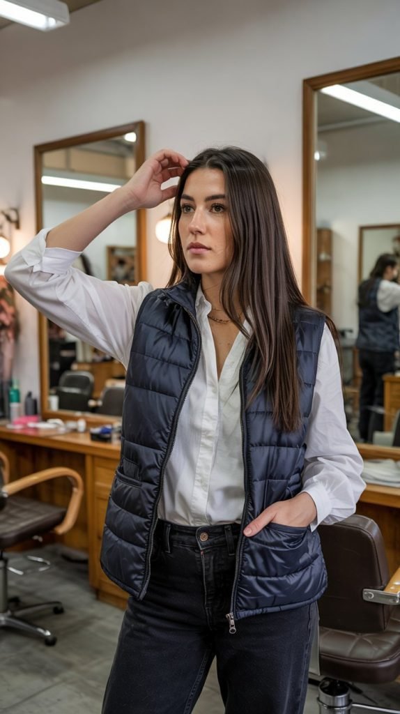 . Quilted Vest Over Long-Sleeve Blouse